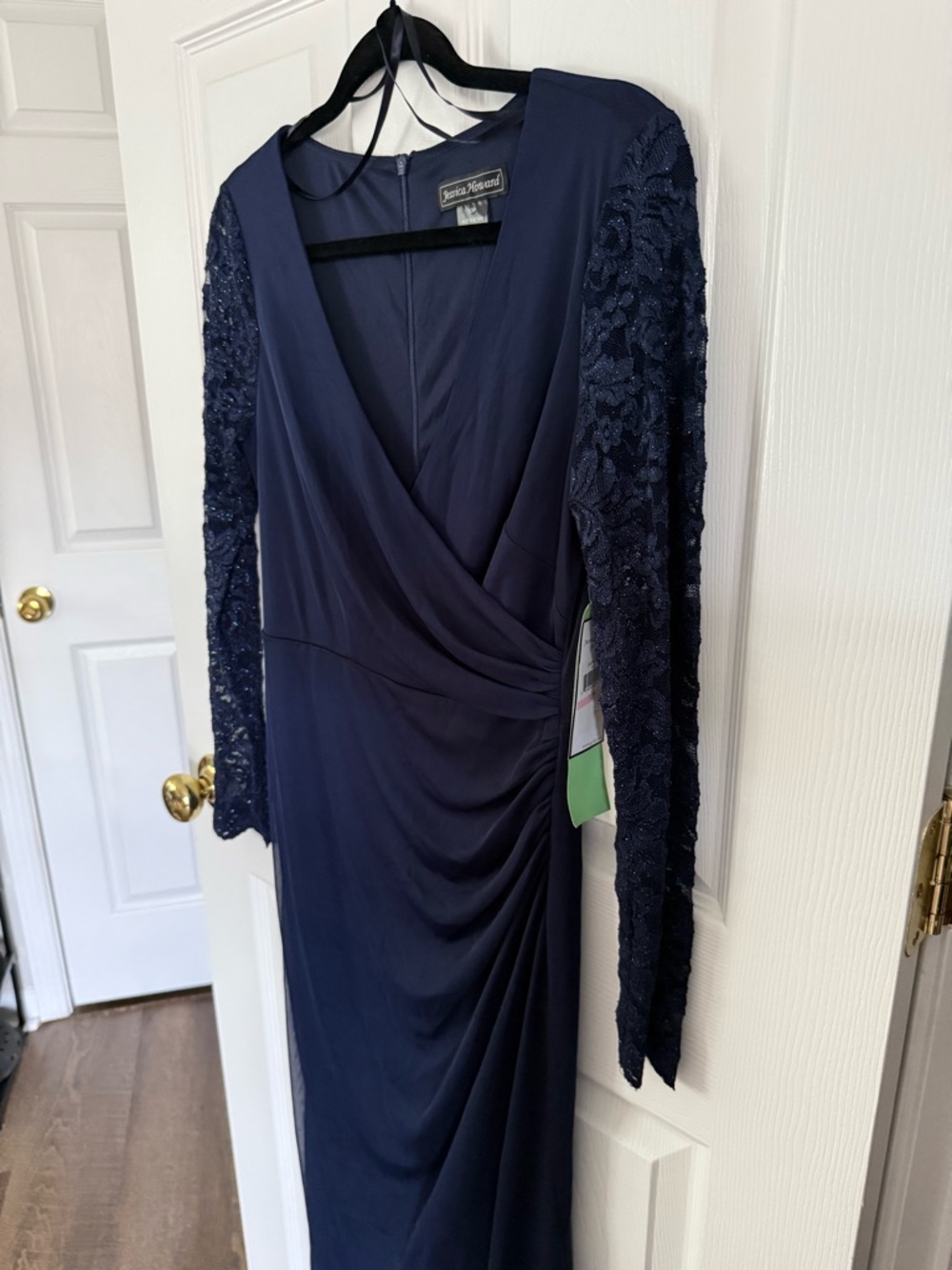 Jessica Howard Navy Long Sleeve Lace-Sleeve V-Neck Gown